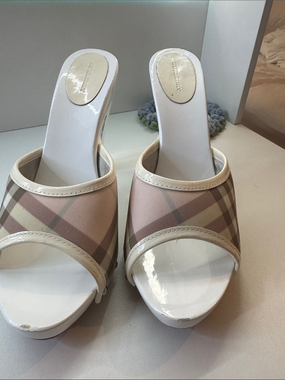 Burberry Pink Plaid Patent Trim Slide Mules